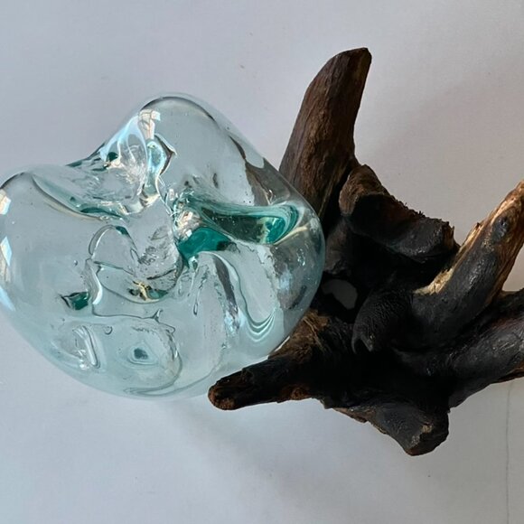 Handmade Art Glass Wood Vase Blown Molten Glass Bowl Teak Base Terrarium NEW - Picture 9 of 16